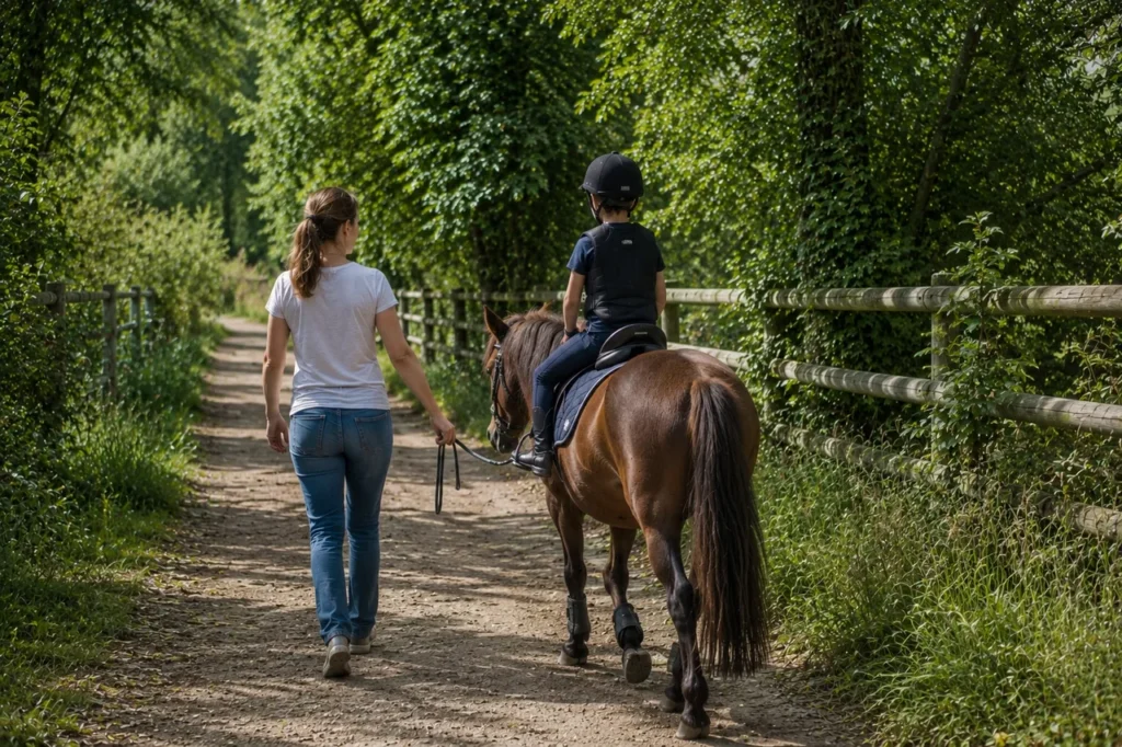 Un enfant casqué monté sur un poney, mené en longe par un adulte sur un chemin ombragé bordé de clôtures en bois