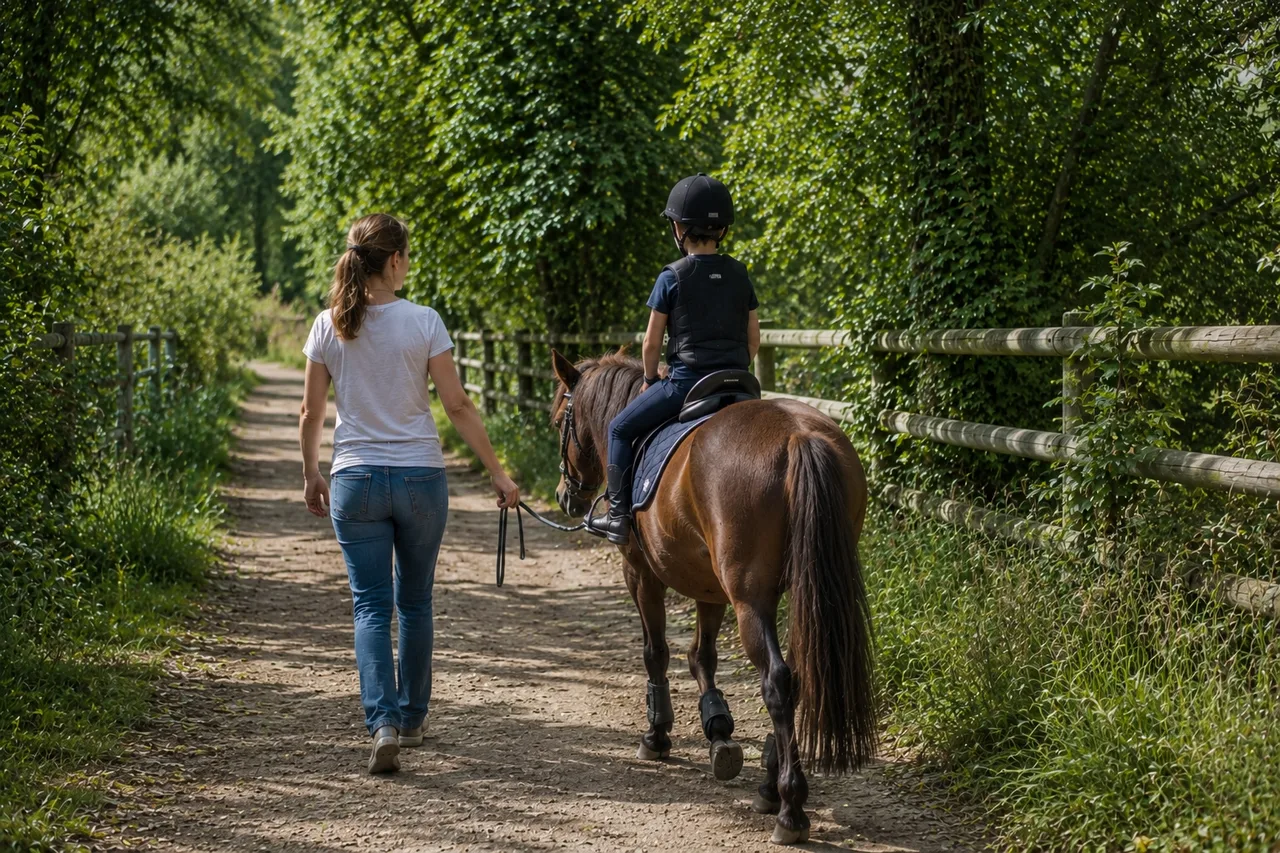 Un enfant casqué monté sur un poney, mené en longe par un adulte sur un chemin ombragé bordé de clôtures en bois