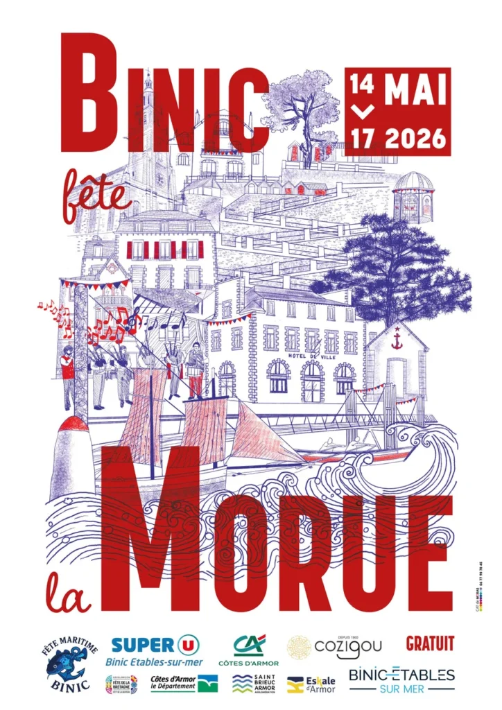 Affiche officielle de Binic fête la Morue 2026, illustration de la ville de Binic avec voiliers, sonneurs de bagad et mention des dates du 14 au 17 mai 2026