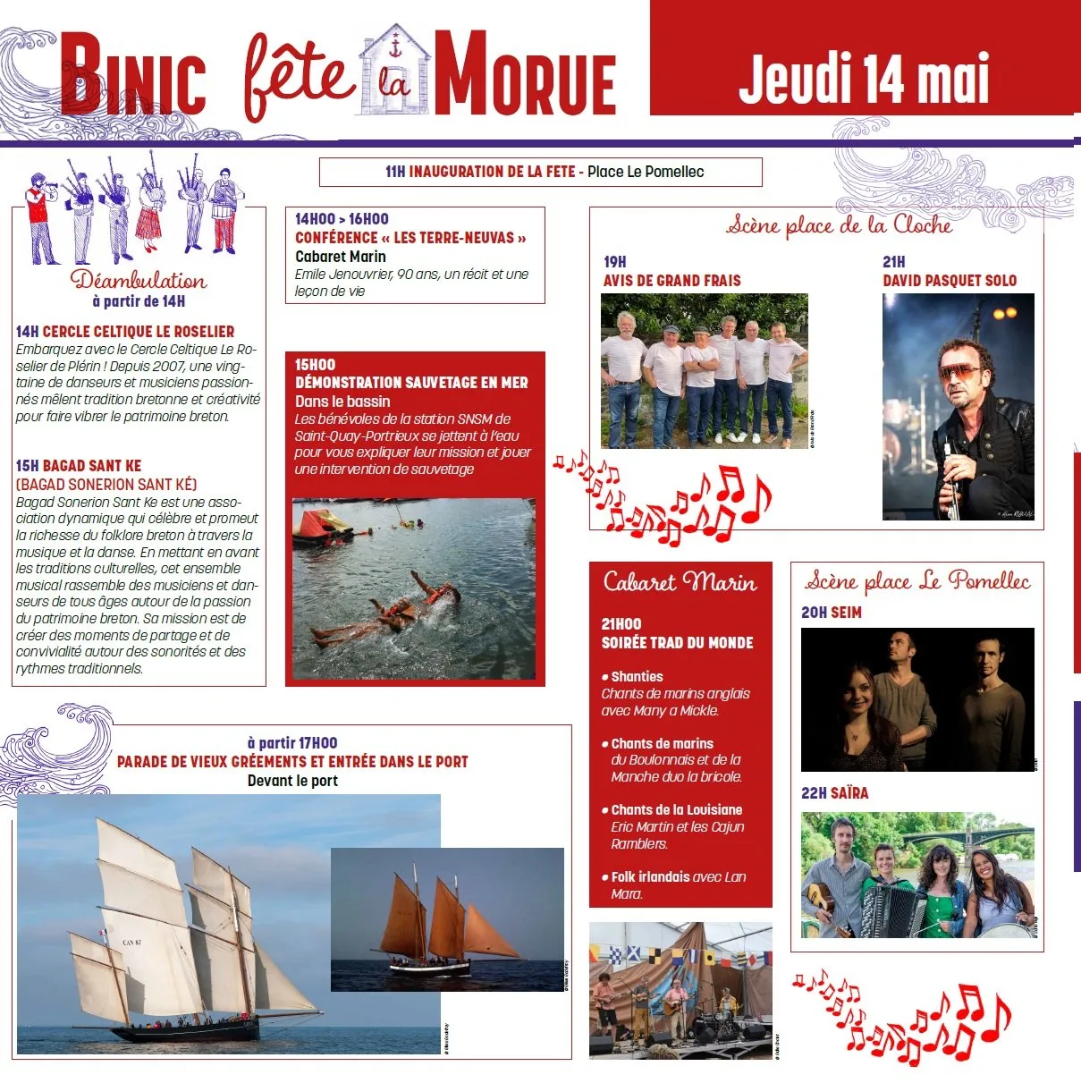 Programme des animations du jeudi 14 mai de la Fête de la Morue à Binic : inauguration, concerts, démonstration de sauvetage en mer et parade de vieux gréements