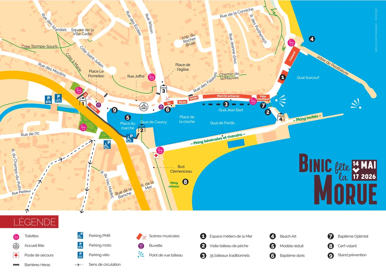 Plan du site de la Fête de la Morue 2026 à Binic : localisation des quais, scènes musicales, stands, parkings, toilettes et postes de secours autour du port