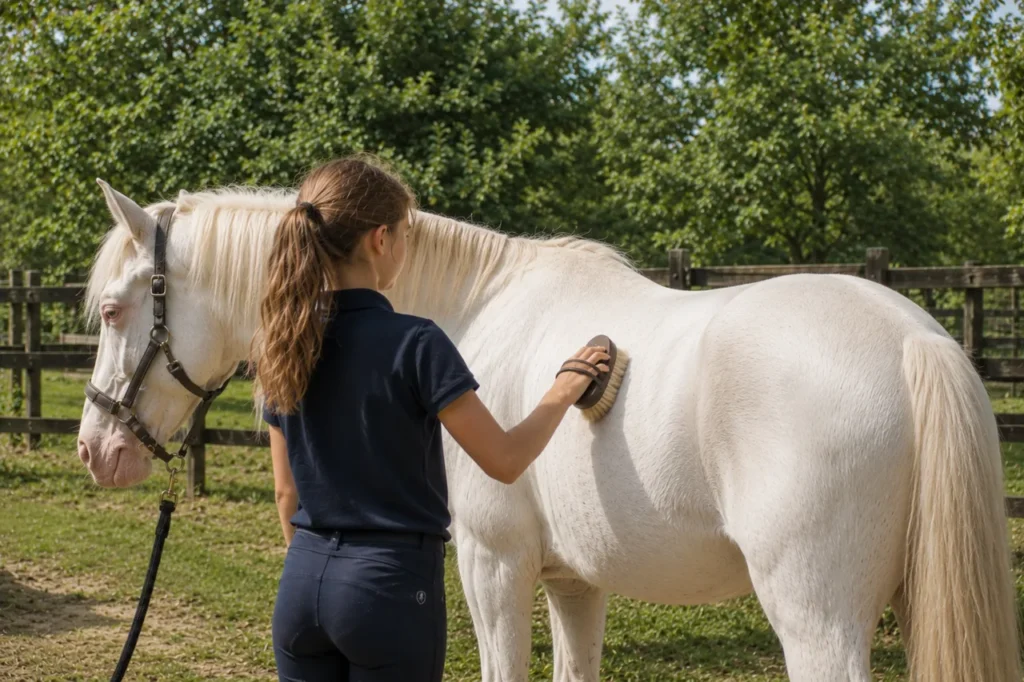 Une jeune cavalière brosse l'encolure d'un cheval blanc dans un paddock entouré d'arbres, lors des soins avant la balade