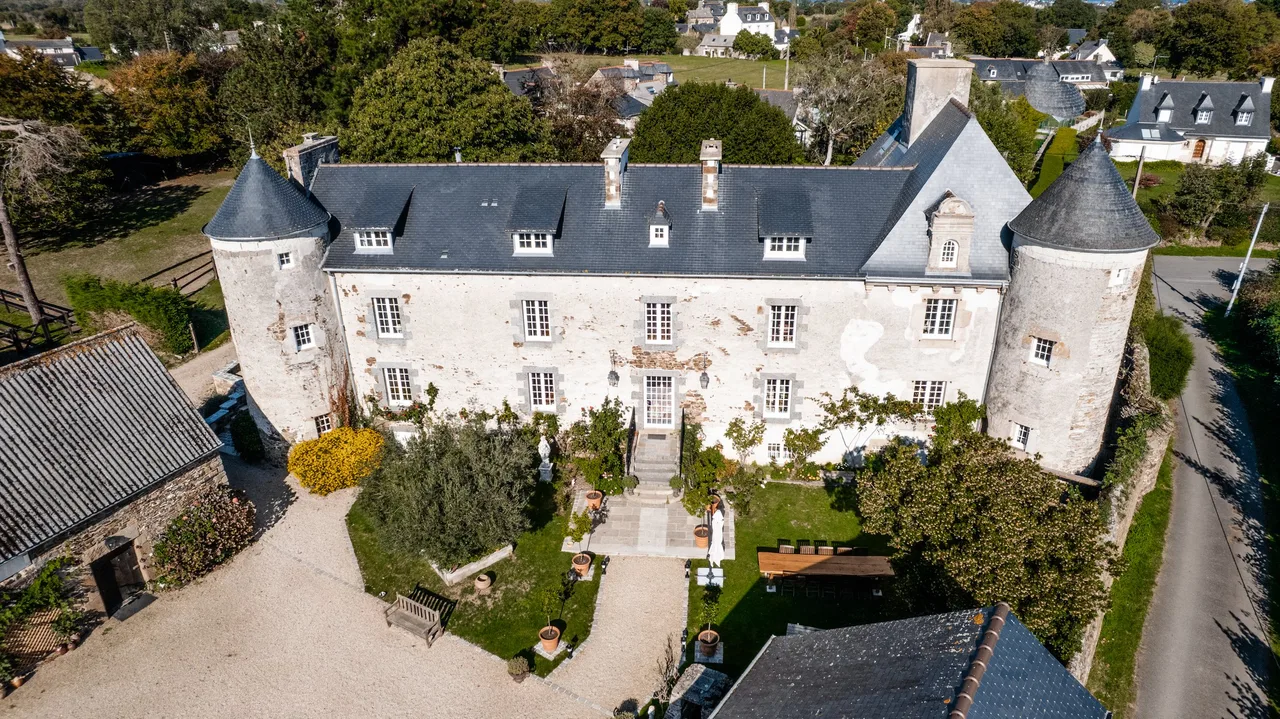 Vue aérienne d'un château avec tours rondes, façade en pierre blanche, jardin avec allée, statues et arbres, entouré d'autres maisons dans un village.