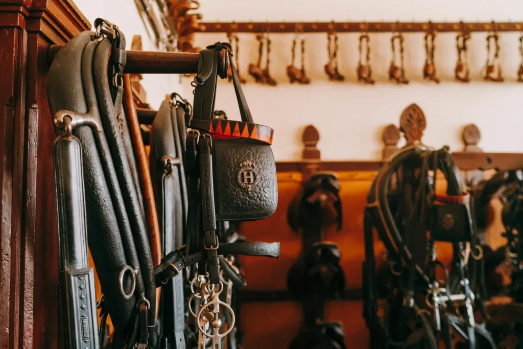 Selles d'équitation en cuir noir, sacs et harnais accrochés à un support en bois dans une écurie en bois, avec des mors en métal et un arrière-plan avec des selles suspendues.