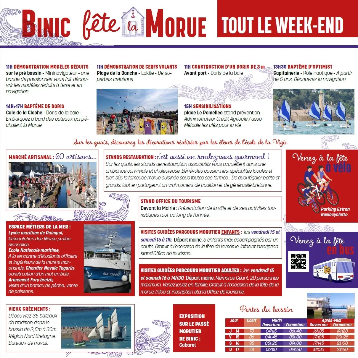 Programme des animations valables tout le week-end de la Fête de la Morue à Binic : marché artisanal, baptêmes de doris, visites guidées et stands de restauration